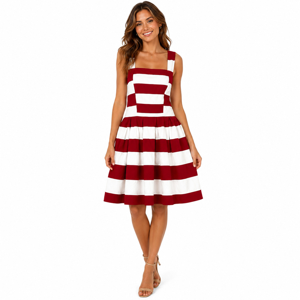 eShakti Womens Red White Wide Stripe Cotton Sleeveless Square Neck Dress sz 4